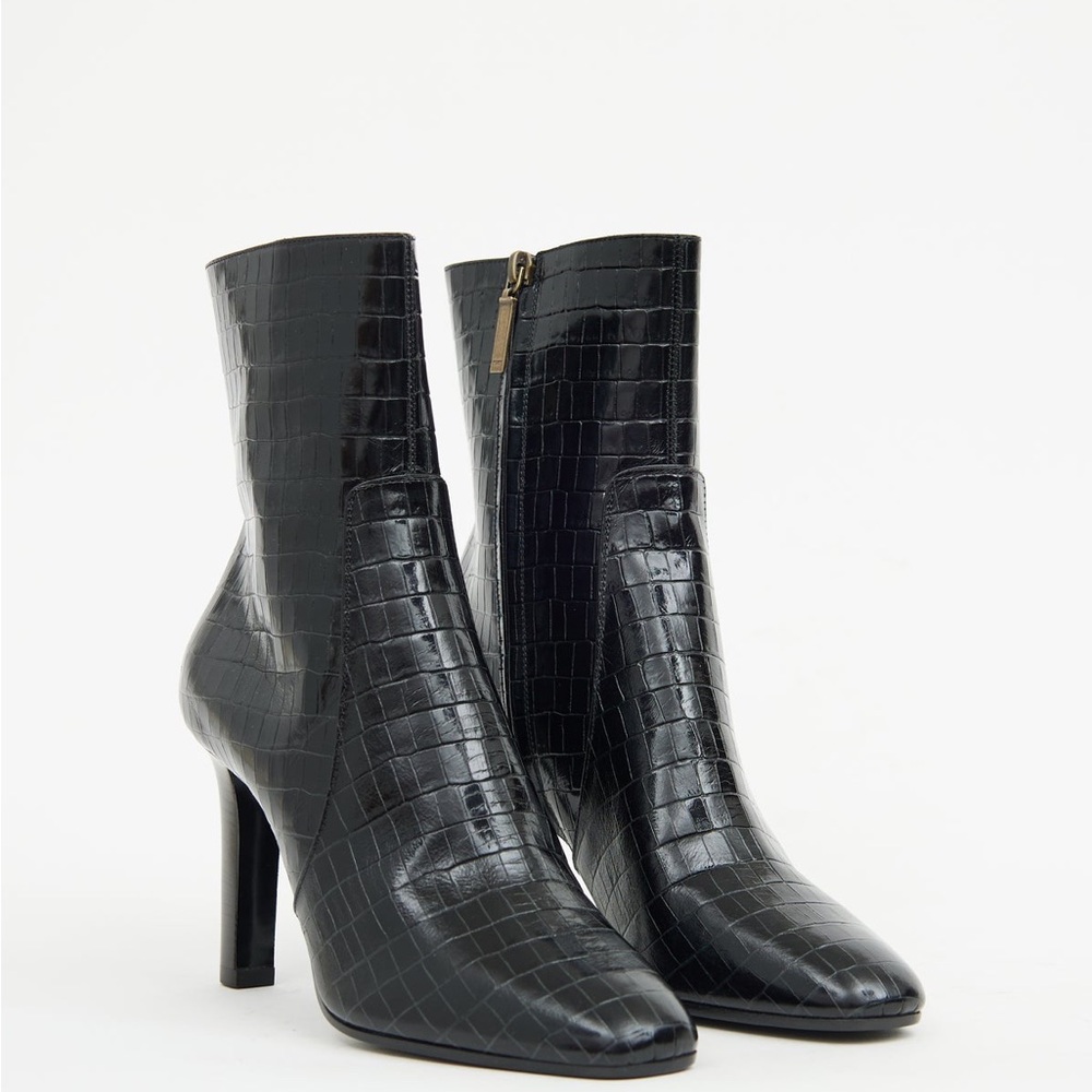 Saint Laurent Black Croc-Pattern Heeled Boots